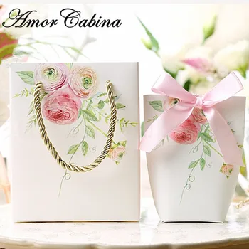 30pcs Svadobné party tvorivé ružová kvetinová tlač candy box balení taška s rukoväť balenie šperkov Vianočný darček taška